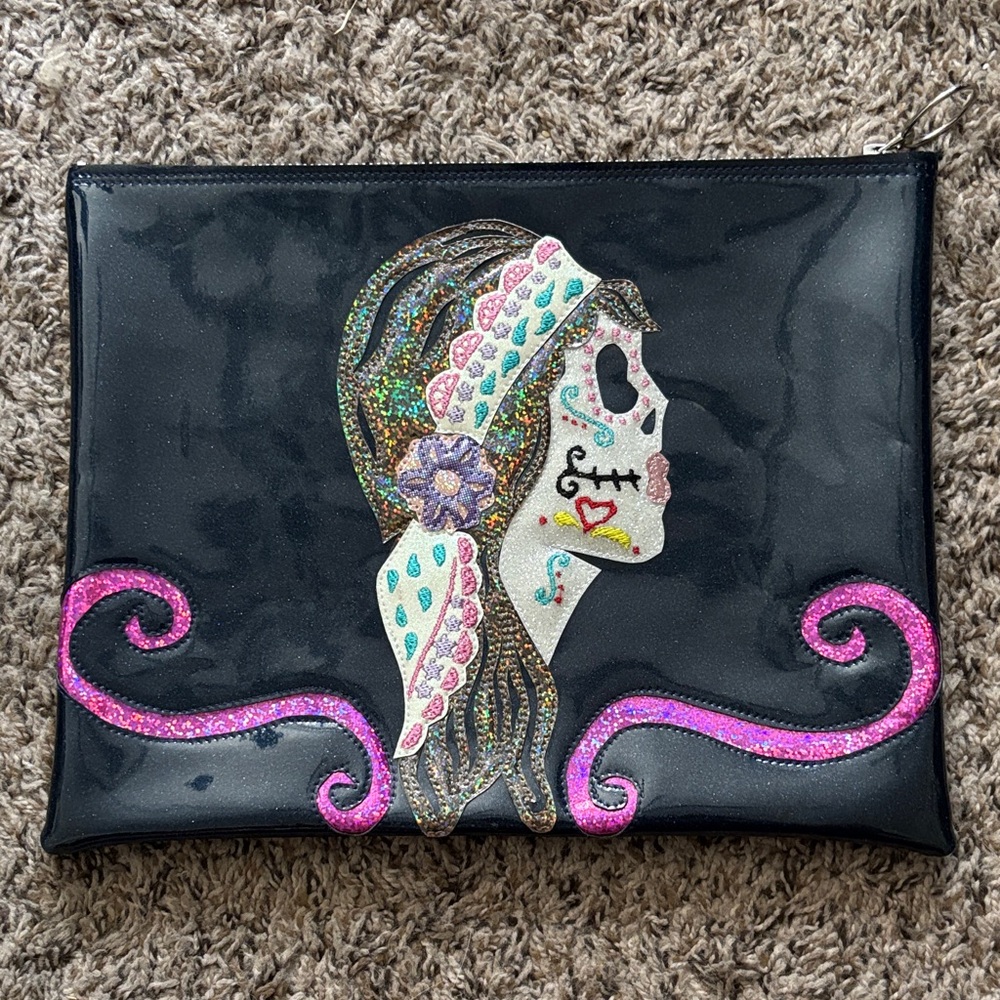 Dia de los Muertos Skull Girl Black Vinyl Glitter Clutch Bag